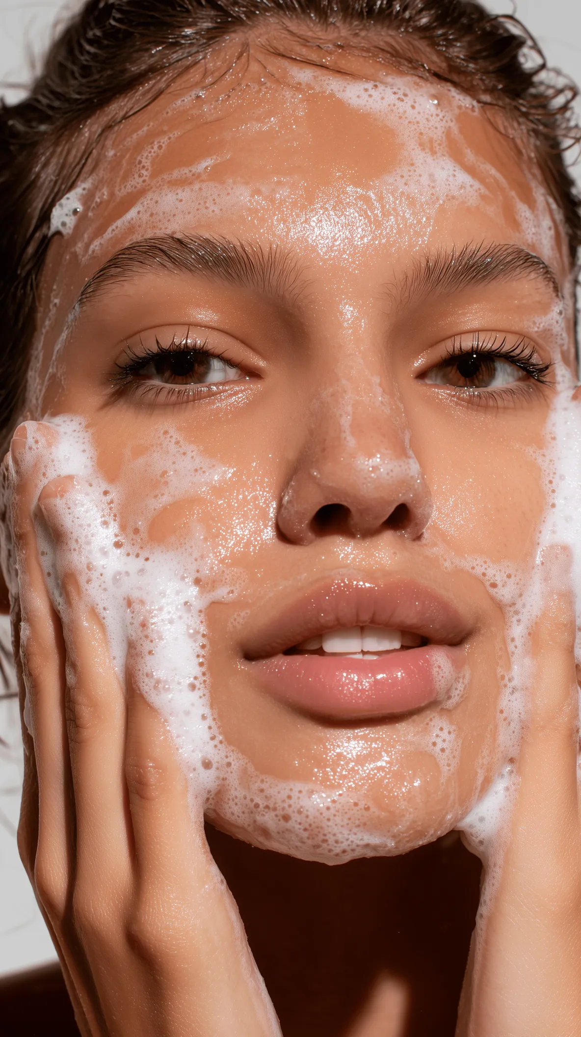 Highly realistic shot of a young woman washing her face with foam. Abundant foam covering her skin, applied with her hands. Skin appears glossy, smooth, and ultra-realistic. Photorealistic beauty skincare photography, soft lighting, high detail. --ar 9:16 