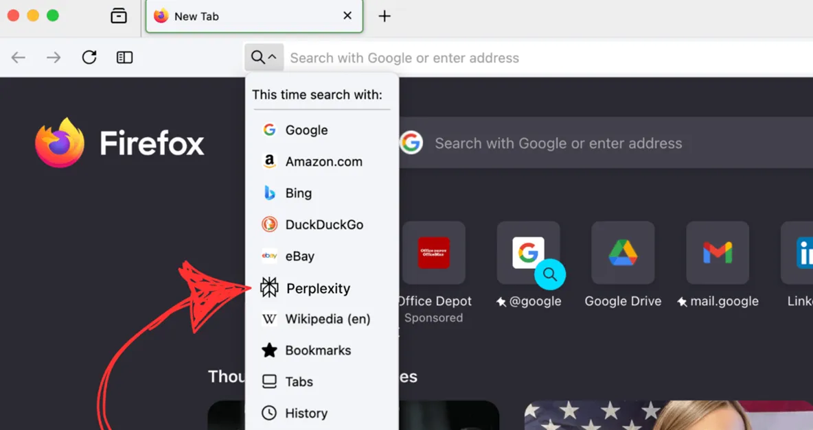 The new search engine menu in Firefox. Image source: Mozilla forums