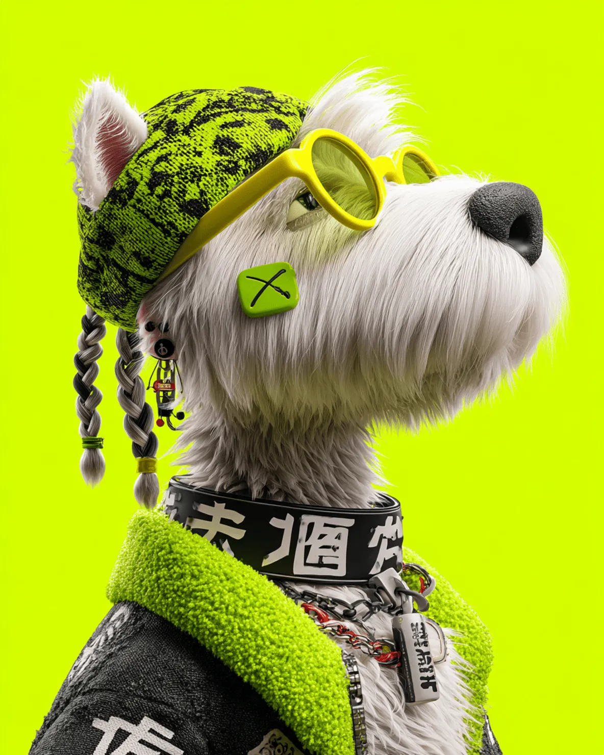 Prompt Image : A 3D cartoon west highland white terrier with trendy punk style, silver black double Fried Dough Twists braid hair; Wearing a fluorescent green hat with patterns on the head; Wearing yellow round glasses, freckles on the face, green band aid