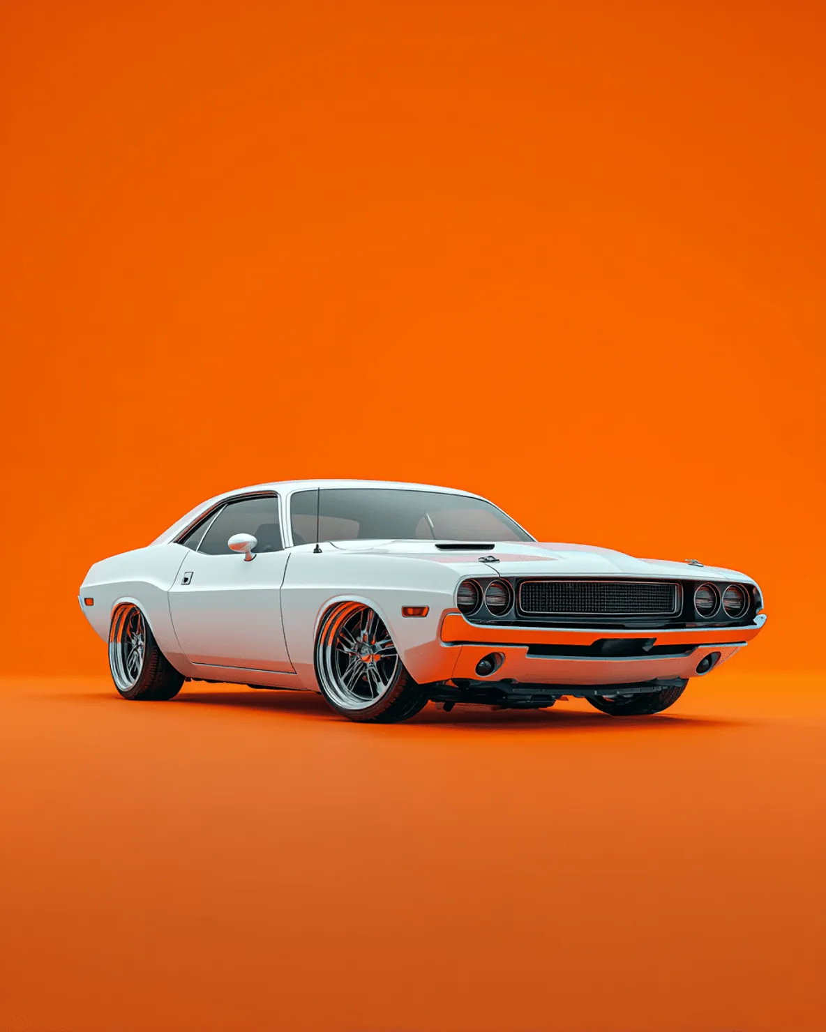 A high-resolution image of a lowered white Dodge Challenger R/T 1970 with magnum wheels, parked inside a professional photo studio. The backdrop is a bold, flat orange (#FE442E), creating a vivid contrast with the car’s glossy white paint. 