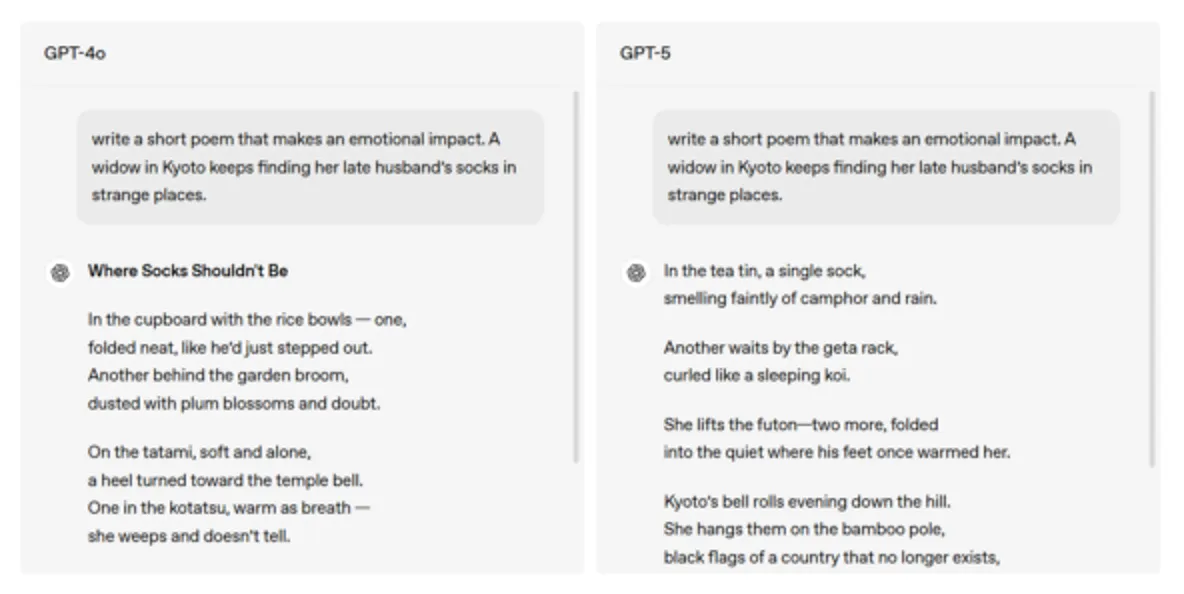 A comparison of how GPT-4o and GPT-5 handled the task of writing a poem. Source: OpenAI