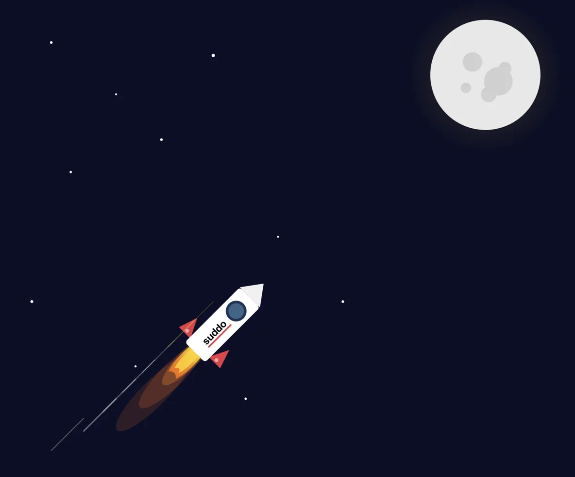 Create an svg of the rocket with flames going to the moon and place suddo.io logo on the rocket