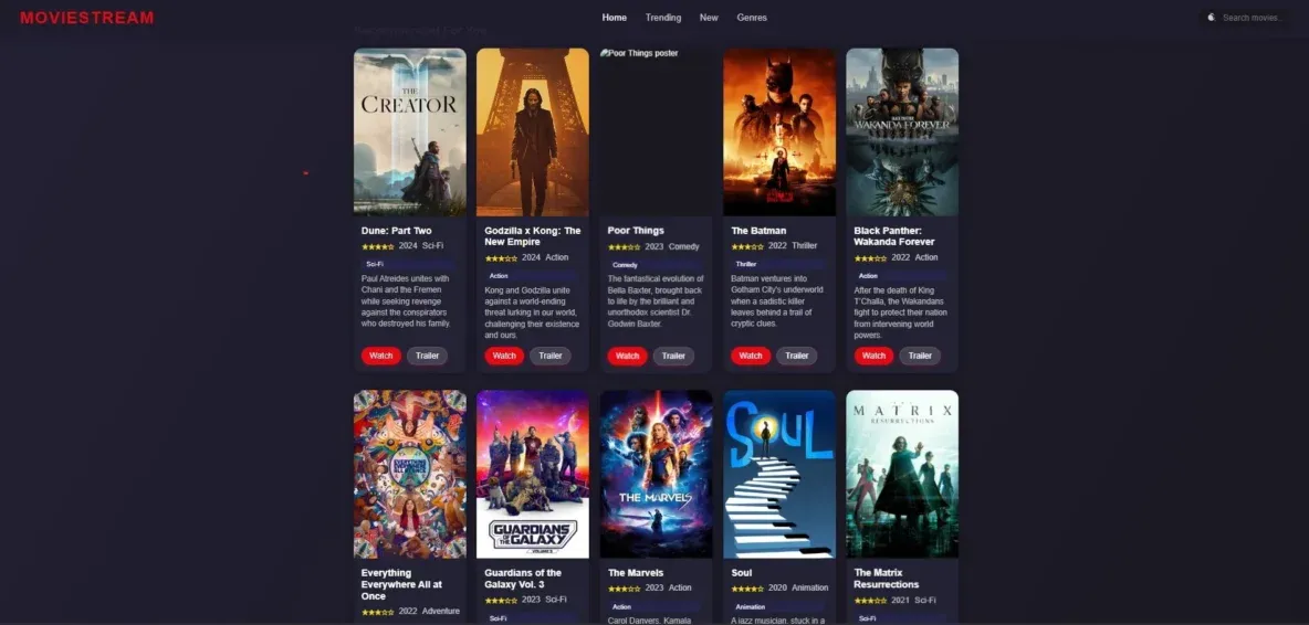 GPT 4.1 result for the prompt: Create a frontend for a movie streaming service in a single HTML file. Source: AiBattle