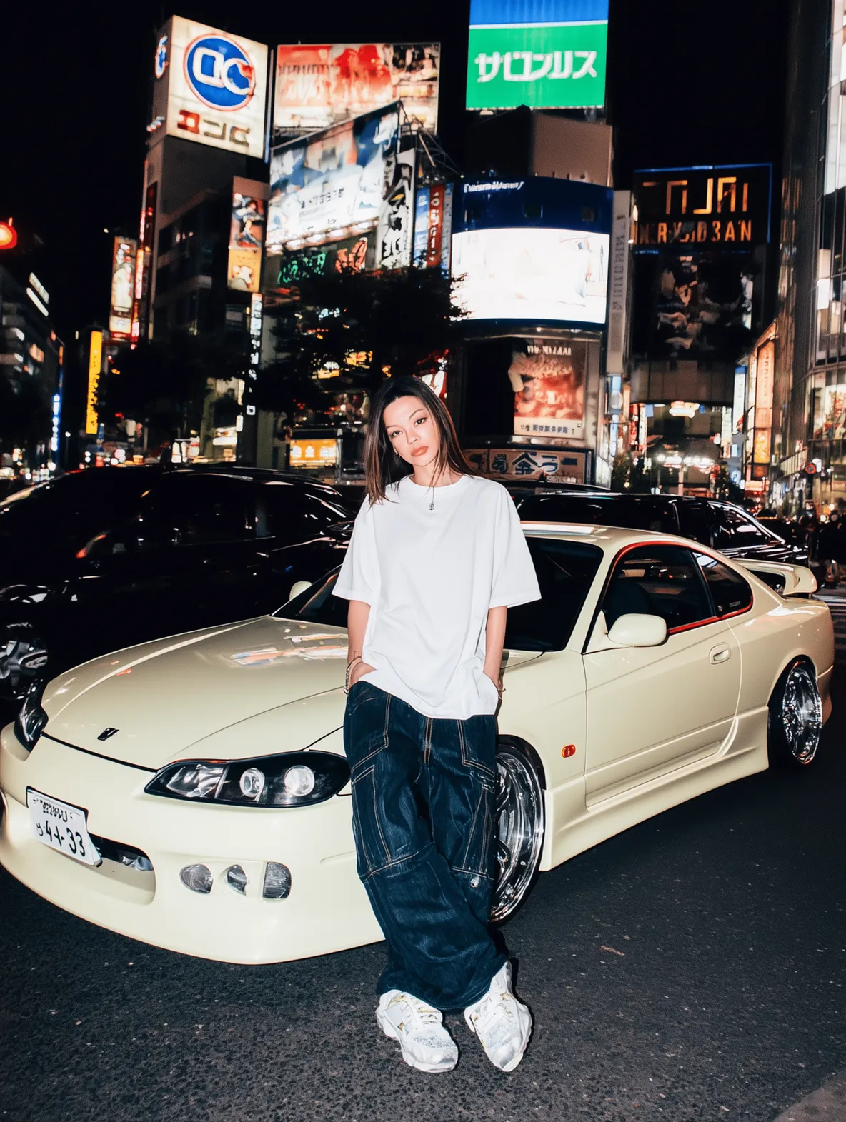 Ultra-photorealistic high-end editorial fashion photography. White brunette female model, 25 years old, Mediterranean features, shoulder-length straight dark brown hair, light olive skin tone, slim-athletic build, neutral expression. Full-body standing pos