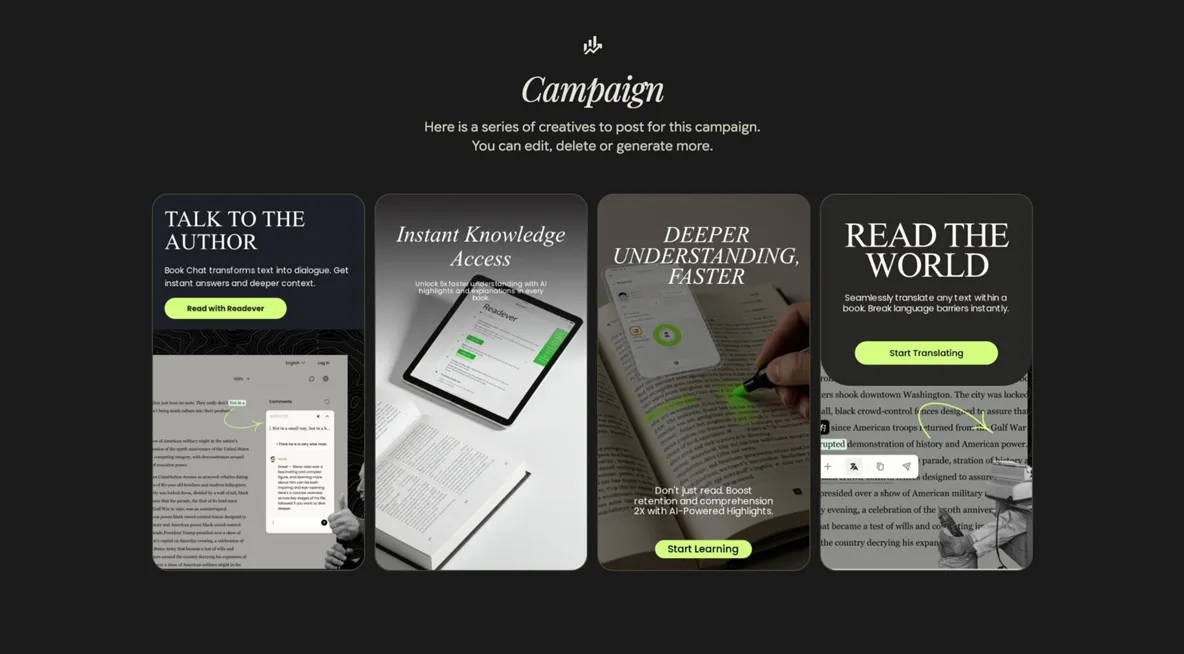 A user tested Pomelli for an AI book-reading app, and the assistant generated four visual concepts for social media. Source: <a href=https://x.com/jinshang1997/status/1983399338333425968 rel=nofollow noreferrer noopener target=_blank>Jin Shang</a>