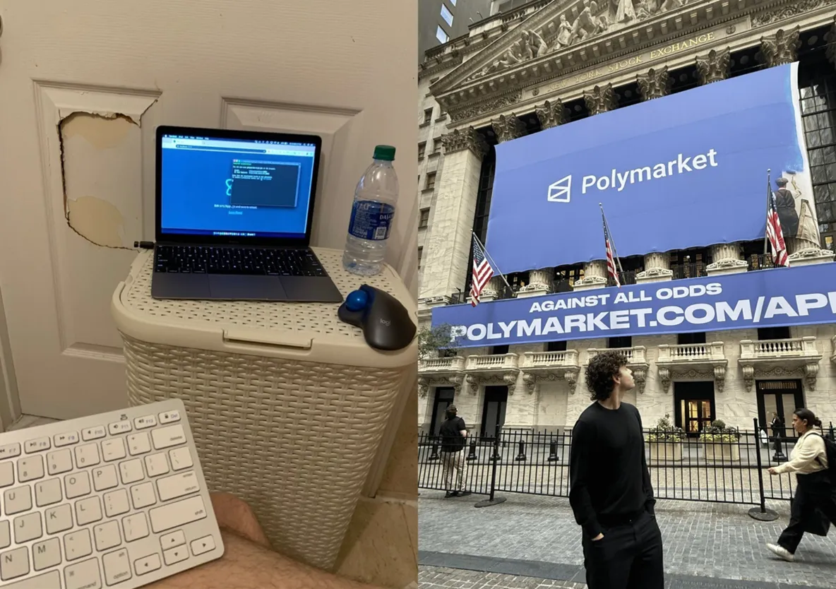 Left: A 2020 post from Shayne Coplan, Almost no money, solo founder, headquarters in the bathroom. Right: Coplan at the New York Stock Exchange in 2025.