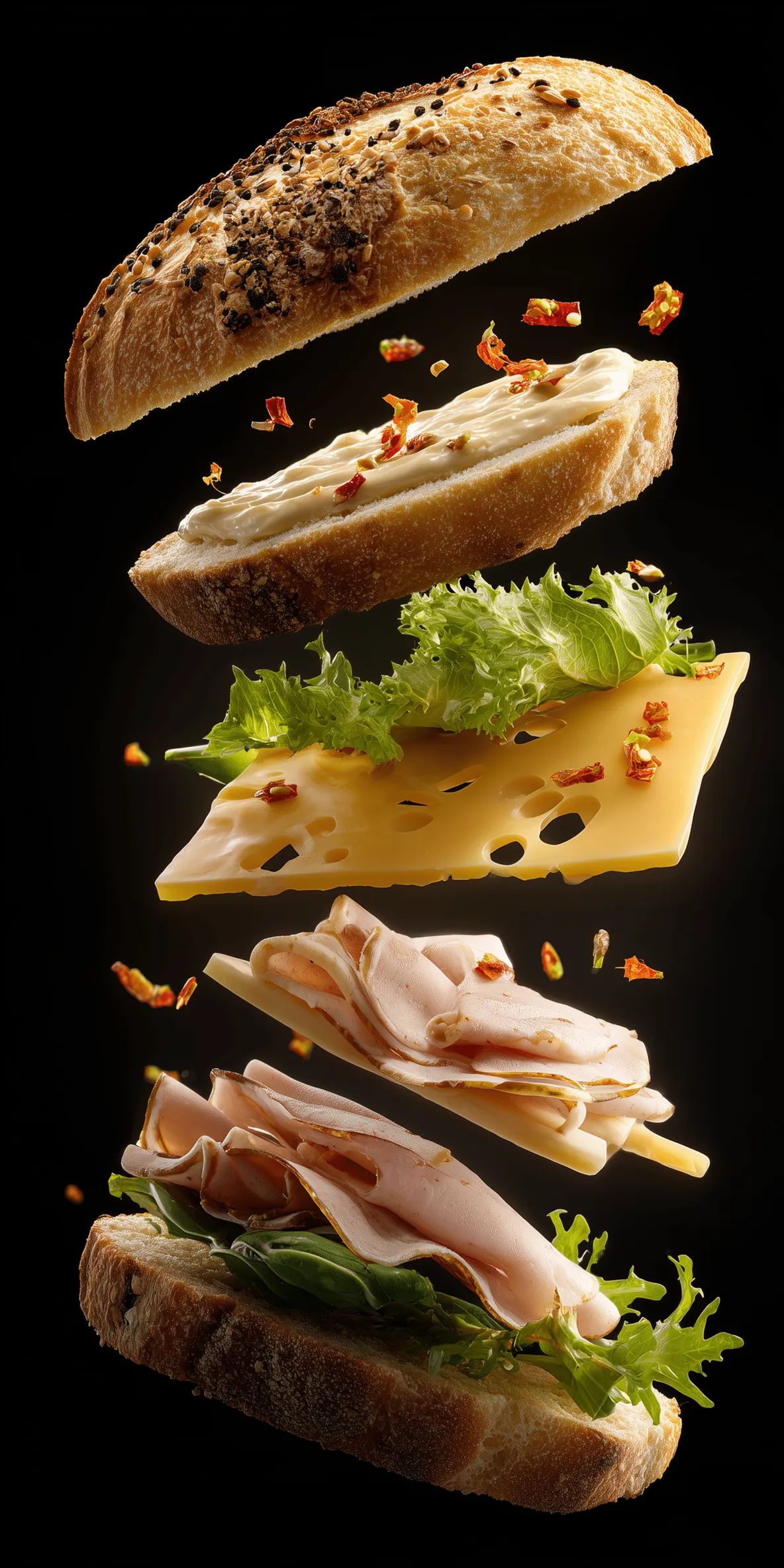 Ultra-realistic food photography of a deconstructed sandwich floating in mid-air against a clean black background. From bottom to top: 1. Rustic artisan oval bread slice (long oval shape, crispy golden crust, soft airy inside, no seeds, with visible tiny)