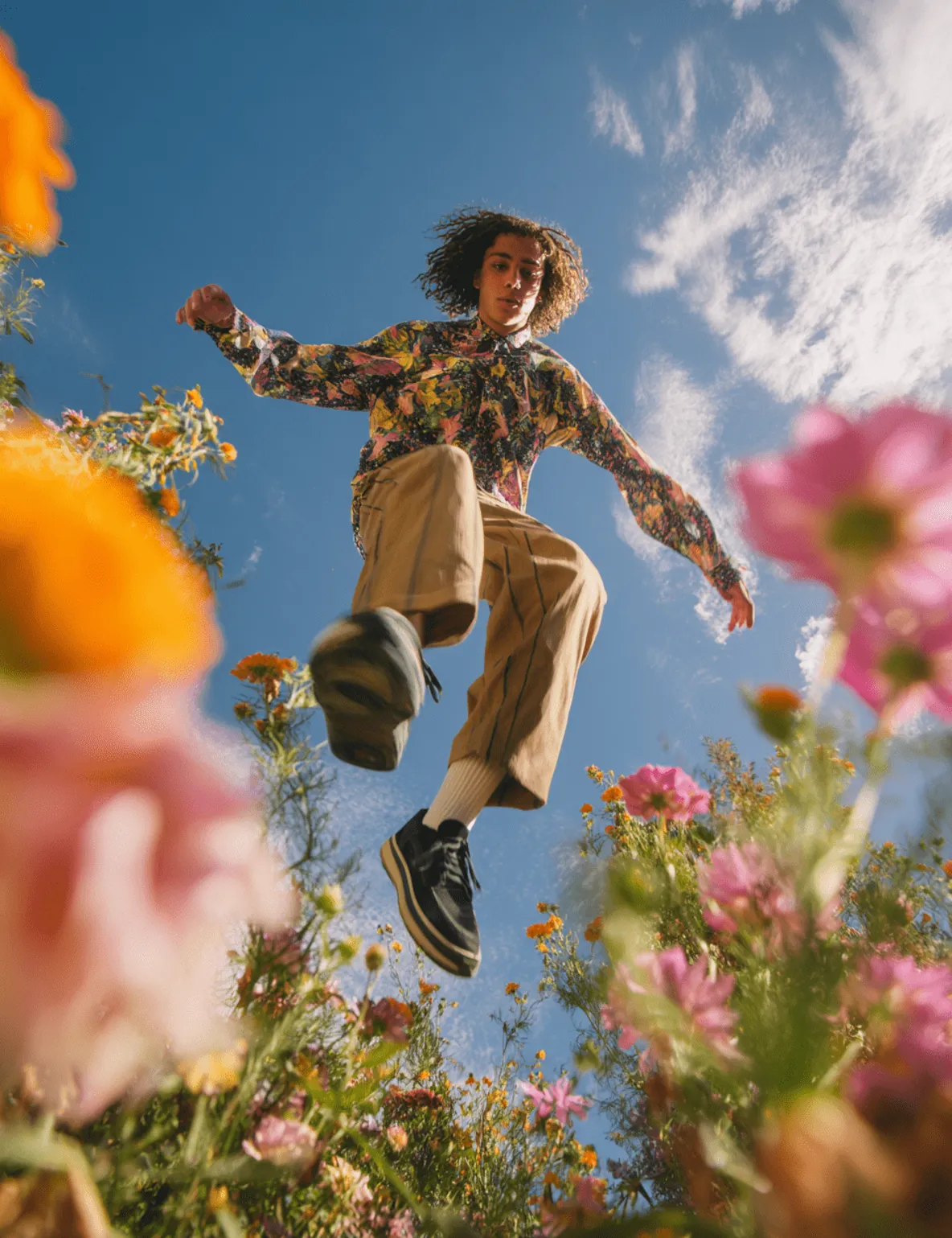 a young man wearing brown pants and a colorful patterned shirt is jumping in the air, with his feet raised high as he walks on flowers under a blue sky. he has long, curly hair and wears black shoes with white soles. the photo was taken from an angle below