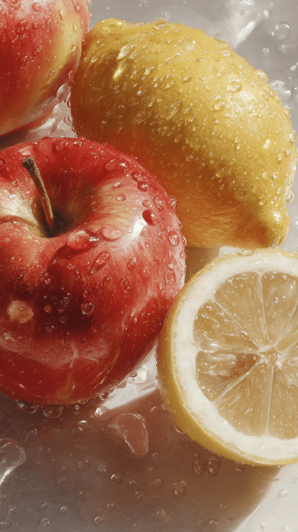 Ultra-realistic oil painting, close-up of an apple and a lemon. --ar 9:16 --raw --profile t139ql5